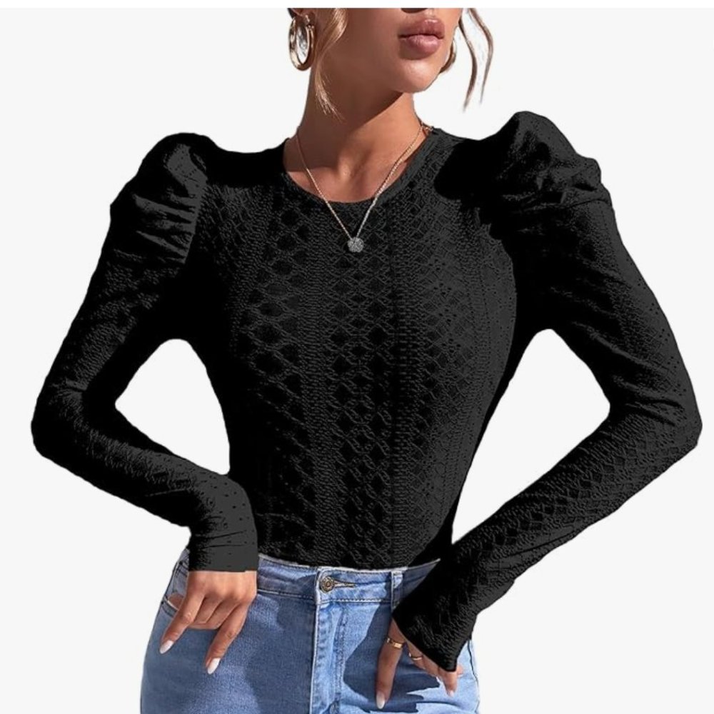 Black Long Sleeve Crochet Knit Puff Sleeve Blouse